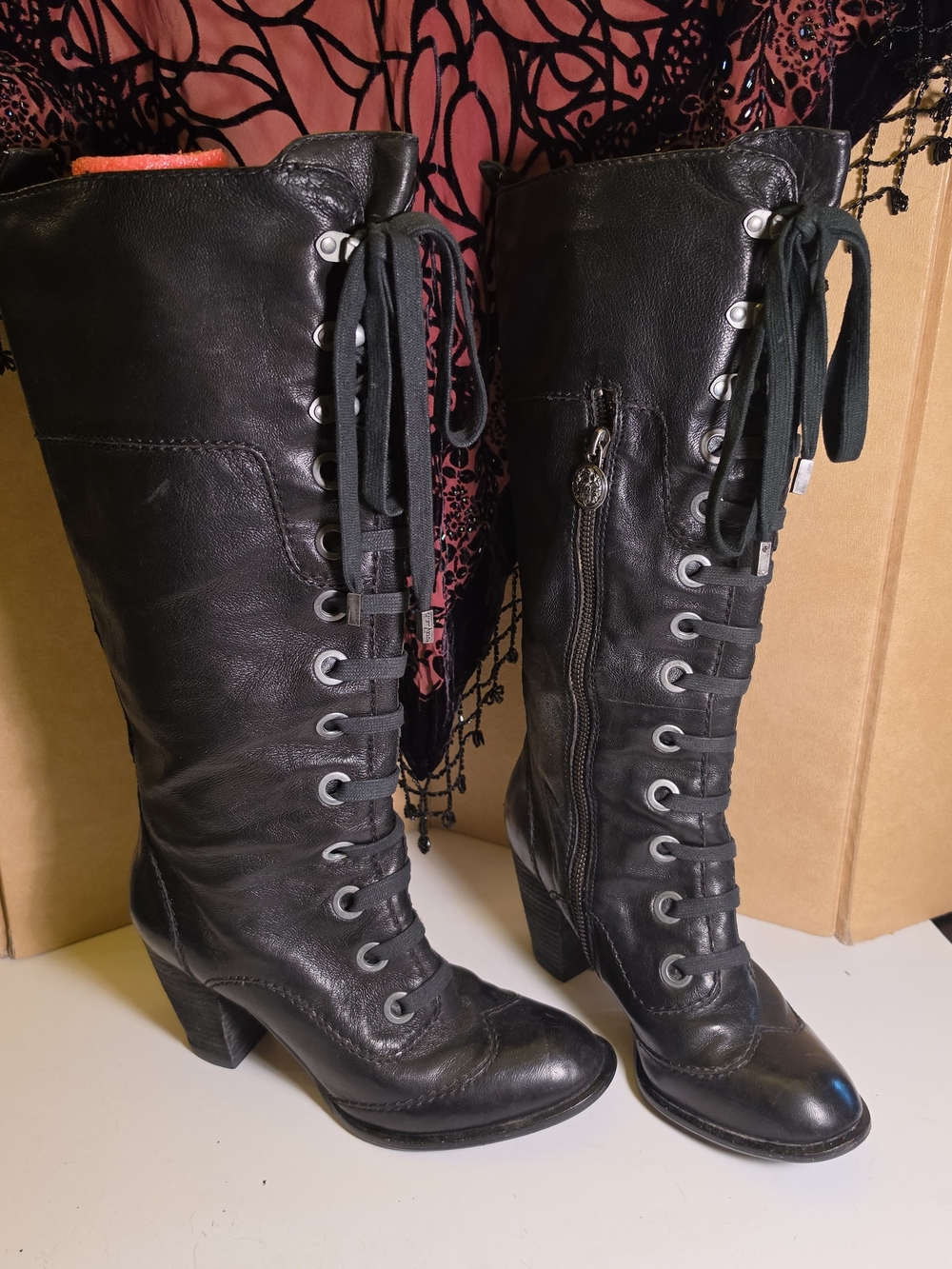 Vince Camuto Black Lace-Up Mid-Calf Heeled Boots